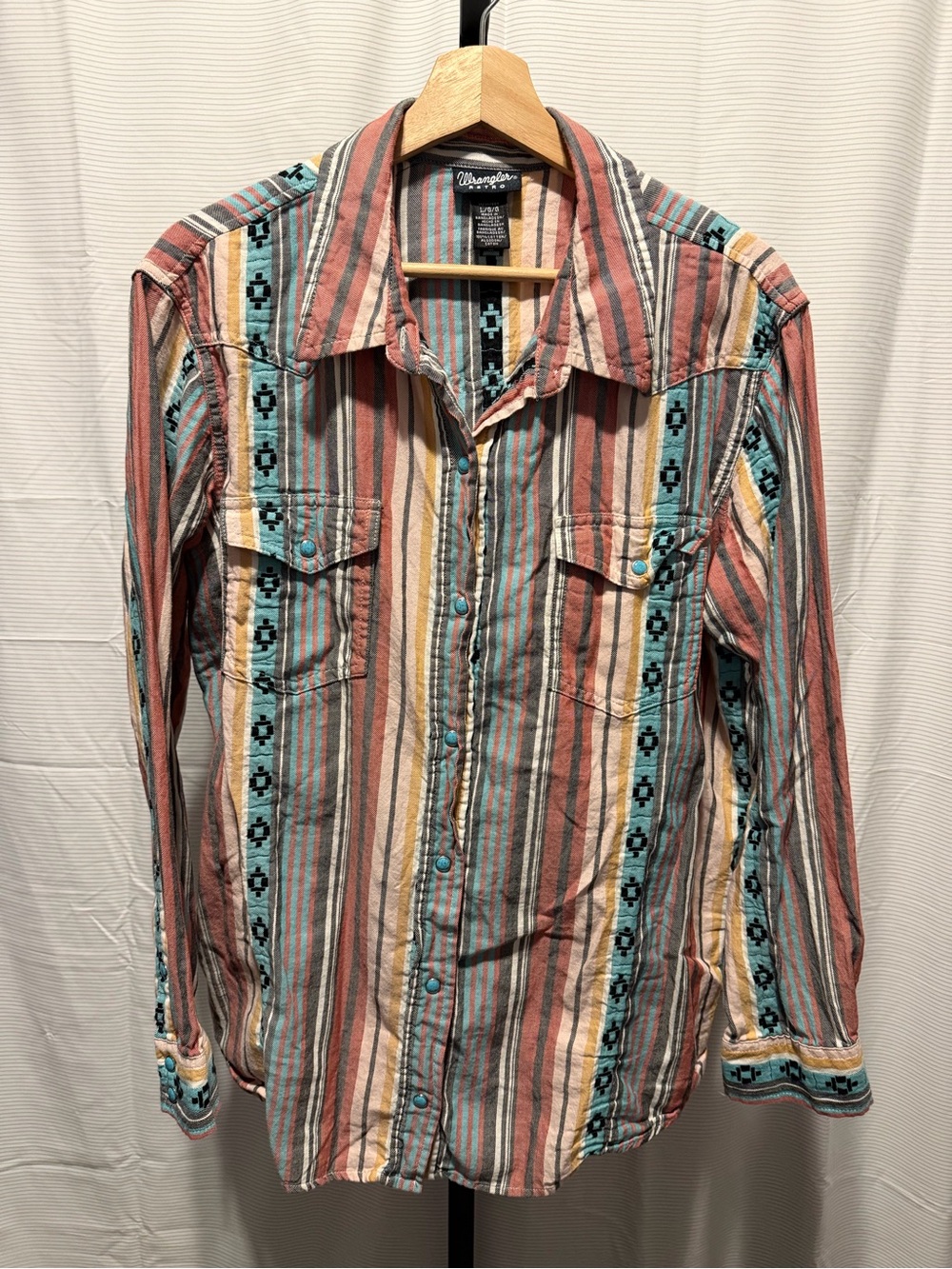 Wrangler Retro Southwestern Stripe Print Long Sleeve Snap Western Shirt Large